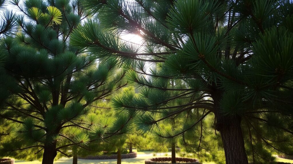 Lush green pine trees in a landscaped setting.