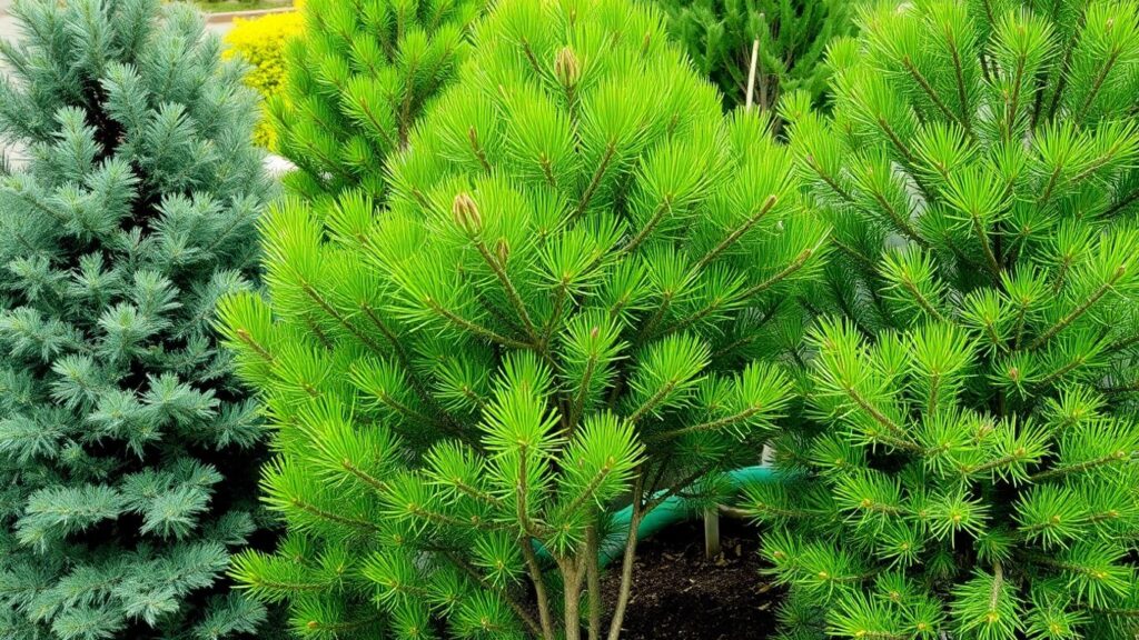 Various pine tree species in a landscaped setting.