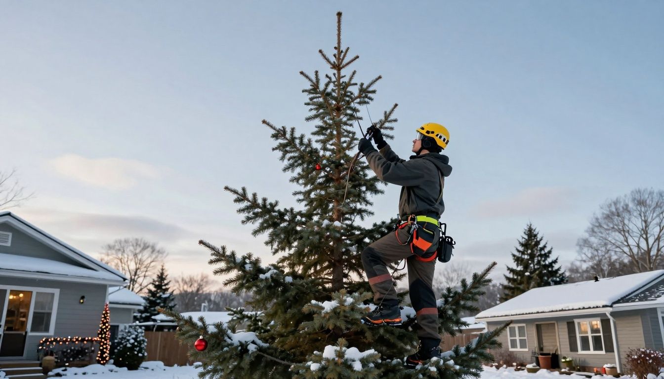 Arborist trimming a Christmas tree in a yard during the holidays.