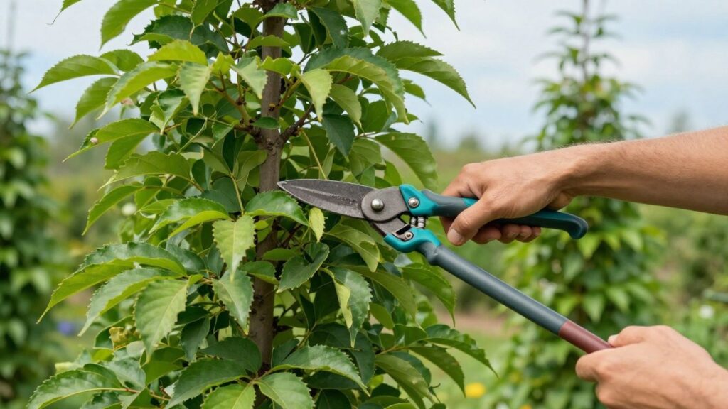 Gardener pruning upper tree branches with loppers.