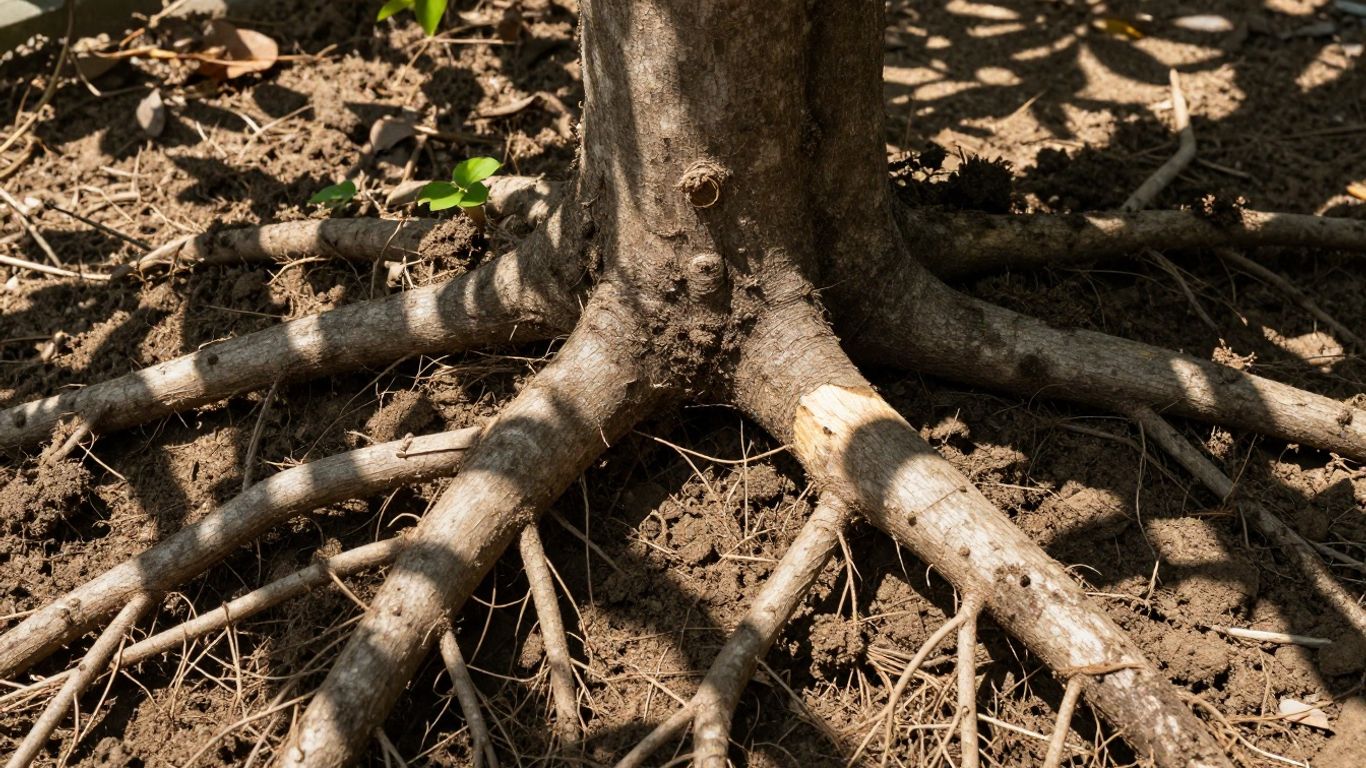 Close view of tree root cut technique showing controlled removal to reduce tree stress and structural risk.