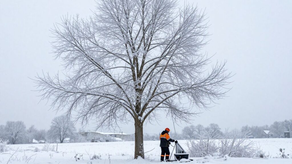Snowy tree removal in winter landscape.