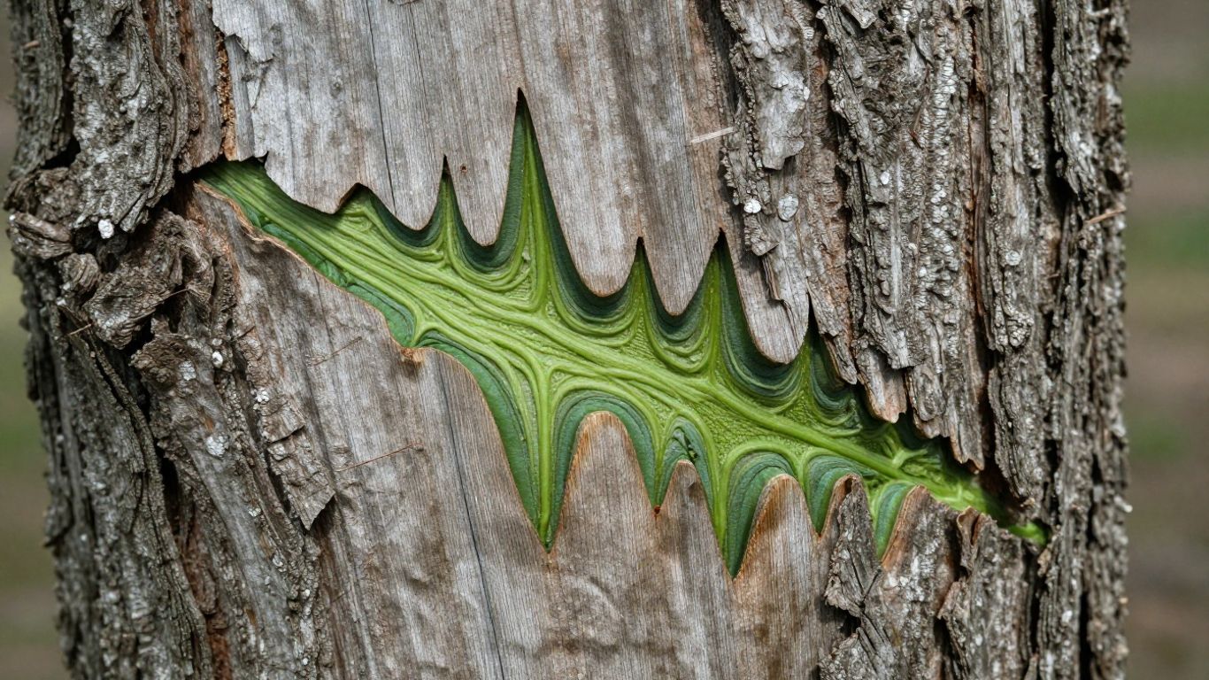 Close up of cambium layer on a tree trunk highlighting tree cambium and its role in growth and healing.