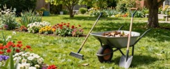 Homeowner performing spring yard cleanup by removing leaves and debris from the lawn after winter