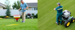 Homeowner doing DIY lawn care beside professional lawn care service